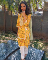 Ready To Wear Yellow Maslin Silk Printed Pant Suit With Dupatta